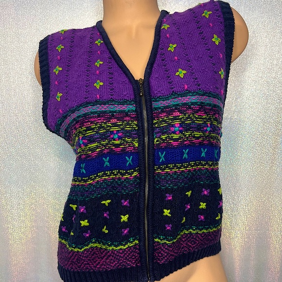 Karen Scott Jackets & Blazers - Karen Scott knitted vintage vest sweater zip up green purple blue pink cute